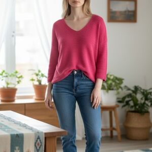 Eileen Fisher WomenV Neck Open Knit Pullover Oversized  Hot Pink Sweater  S